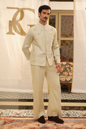 Shop_Runit Gupta_Ivory Chanderi Silk, Satin, Modal Pearls Geometric Pipe Spike Bundi Set 
