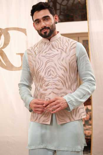 Shop Runit Gupta Rose Gold Chanderi , Satin, Modal, Vegan Zebra Pink Bundi Set Shop_Runit Gupta_Rose Gold Chanderi , Satin, Modal, Vegan Zebra Pink Bundi Set