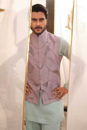 Shop_Runit Gupta_Purple Chanderi , Vegan Lavender Abstract Bundi Set _Online_at_Aza_Fashions