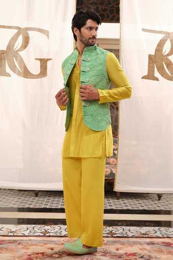 Runit Gupta Green Tissue, Chanderi , Vegan Embroidery Crushed Loop Bundi Set at Aza Fashions Runit Gupta_Green Tissue, Chanderi , Vegan Embroidery Crushed Loop Bundi Set _at_Aza_Fashions