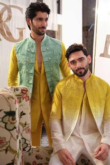 Buy Runit Gupta Green Tissue, Chanderi , Vegan Embroidery Crushed Loop Bundi Set Buy_Runit Gupta_Green Tissue, Chanderi , Vegan Embroidery Crushed Loop Bundi Set