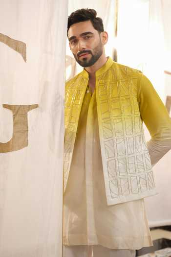 Buy Runit Gupta Yellow Satin, Modal, Chanderi, Vegan Silk Checks Contour Ombre Bundi Set Online at Aza Fashions Buy_Runit Gupta_Yellow Satin, Modal, Chanderi, Vegan Silk Checks Contour Ombre Bundi Set _Online_at_Aza_Fashions
