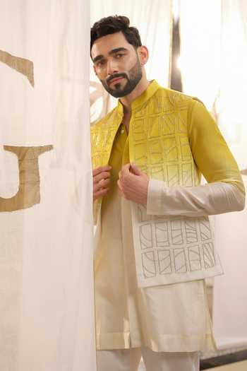 Shop Runit Gupta Yellow Satin, Modal, Chanderi, Vegan Silk Checks Contour Ombre Bundi Set Online at Aza Fashions Shop_Runit Gupta_Yellow Satin, Modal, Chanderi, Vegan Silk Checks Contour Ombre Bundi Set _Online_at_Aza_Fashions