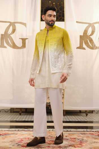 Runit Gupta Yellow Satin, Modal, Chanderi, Vegan Silk Checks Contour Ombre Bundi Set at Aza Fashions Runit Gupta_Yellow Satin, Modal, Chanderi, Vegan Silk Checks Contour Ombre Bundi Set _at_Aza_Fashions