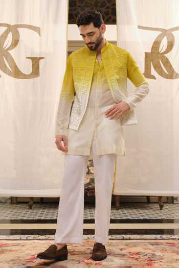 Buy Runit Gupta Yellow Satin, Modal, Chanderi, Vegan Silk Checks Contour Ombre Bundi Set Buy_Runit Gupta_Yellow Satin, Modal, Chanderi, Vegan Silk Checks Contour Ombre Bundi Set