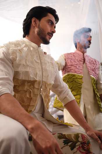 Buy Runit Gupta Pink Chanderi Silk Embroidery, Gota Patti, Ruffles Salmon Green Textured Bundi Online at Aza Fashions Buy_Runit Gupta_Pink Chanderi Silk Embroidery, Gota Patti, Ruffles Salmon Green Textured Bundi _Online_at_Aza_Fashions