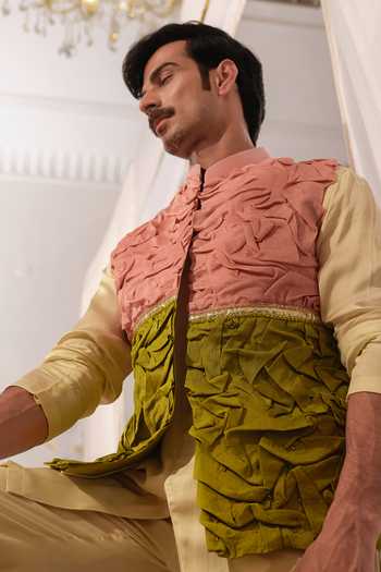 Shop Runit Gupta Pink Chanderi Silk Embroidery, Gota Patti, Ruffles Salmon Green Textured Bundi Online at Aza Fashions Shop_Runit Gupta_Pink Chanderi Silk Embroidery, Gota Patti, Ruffles Salmon Green Textured Bundi _Online_at_Aza_Fashions
