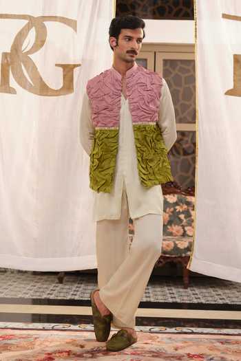 Runit Gupta Salmon Green Textured Bundi
