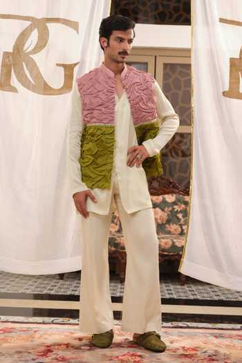 Runit Gupta Salmon Green Textured Bundi