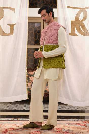 Runit Gupta Pink Chanderi Silk Embroidery, Gota Patti, Ruffles Salmon Green Textured Bundi at Aza Fashions Runit Gupta_Pink Chanderi Silk Embroidery, Gota Patti, Ruffles Salmon Green Textured Bundi _at_Aza_Fashions