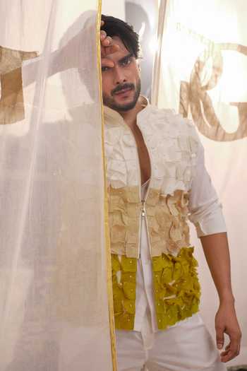 Shop Runit Gupta Green Chanderi Silk Pearls, Cut Work Ombre Square Carnival Bundi Shop_Runit Gupta_Green Chanderi Silk Pearls, Cut Work Ombre Square Carnival Bundi