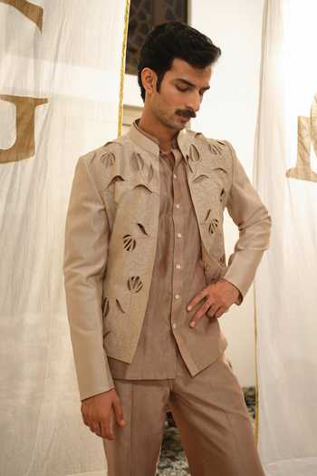 Runit Gupta Beige Chanderi Silk Floral Cutwork Jodhpuri Set at Aza Fashions Runit Gupta_Beige Chanderi Silk Floral Cutwork Jodhpuri Set _at_Aza_Fashions
