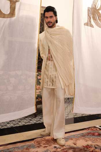 Shop Runit Gupta Ivory Chanderi , Vegan Milan Embroidered Jacket Set Shop_Runit Gupta_Ivory Chanderi , Vegan Milan Embroidered Jacket Set