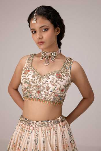 Buy Shyam Narayan Prasad Ivory Silk, Organza, Chiffon, Brocade Printed And Embroidered Lehenga Set Buy_Shyam Narayan Prasad_Ivory Silk, Organza, Chiffon, Brocade Printed And Embroidered Lehenga Set