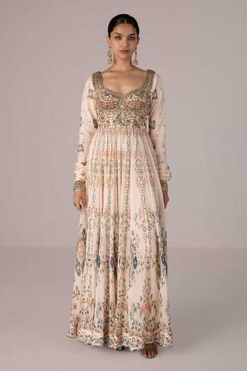 Shyam Narayan Prasad_Ivory , , Brocade, Printed And Embroidered Anarkali Set _Online_at_Aza_Fashions