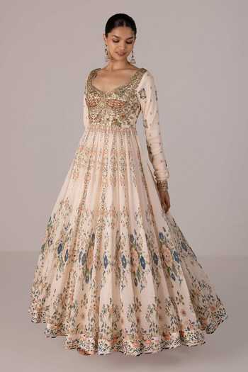 Shop_Shyam Narayan Prasad_Ivory , , Brocade, Printed And Embroidered Anarkali Set _Online_at_Aza_Fashions