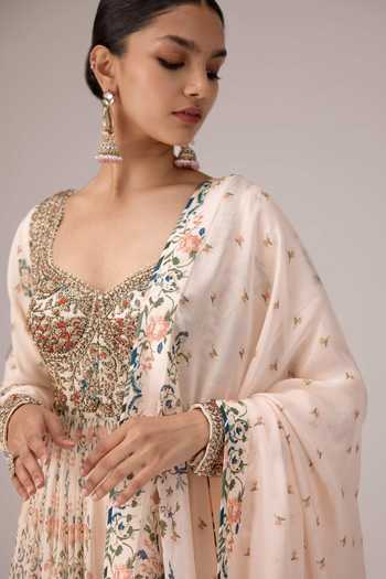 Shyam Narayan Prasad_Ivory , , Brocade, Printed And Embroidered Anarkali Set _at_Aza_Fashions