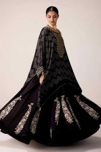 Shyam Narayan Prasad Black Satin, Modal Scoop Neck Zardozi Embroidered Kaftan And Skirt Set Online at Aza Fashions Shyam Narayan Prasad_Black Satin, Modal Scoop Neck Zardozi Embroidered Kaftan And Skirt Set _Online_at_Aza_Fashions