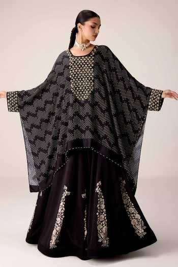 Shop Shyam Narayan Prasad Black Satin, Modal Scoop Neck Zardozi Embroidered Kaftan And Skirt Set Online at Aza Fashions Shop_Shyam Narayan Prasad_Black Satin, Modal Scoop Neck Zardozi Embroidered Kaftan And Skirt Set _Online_at_Aza_Fashions