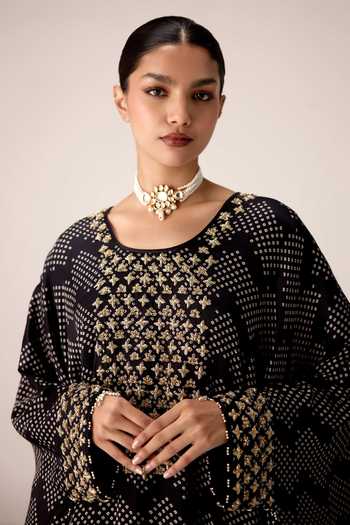 Shyam Narayan Prasad Black Satin, Modal Scoop Neck Zardozi Embroidered Kaftan And Skirt Set at Aza Fashions Shyam Narayan Prasad_Black Satin, Modal Scoop Neck Zardozi Embroidered Kaftan And Skirt Set _at_Aza_Fashions