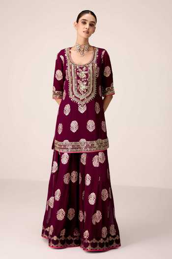 Shyam Narayan Prasad Wine Organza, Georgette, Brocade Scoop Zardozi Embroidered Kurta Sharara Set Online at Aza Fashions Shyam Narayan Prasad_Wine Organza, Georgette, Brocade Scoop Zardozi Embroidered Kurta Sharara Set _Online_at_Aza_Fashions