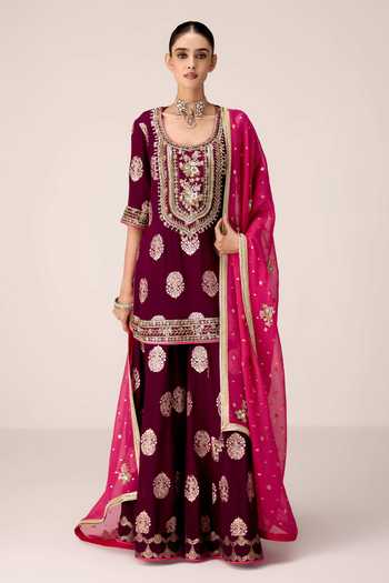 Buy Shyam Narayan Prasad Wine Organza, Georgette, Brocade Scoop Zardozi Embroidered Kurta Sharara Set Online at Aza Fashions Buy_Shyam Narayan Prasad_Wine Organza, Georgette, Brocade Scoop Zardozi Embroidered Kurta Sharara Set _Online_at_Aza_Fashions