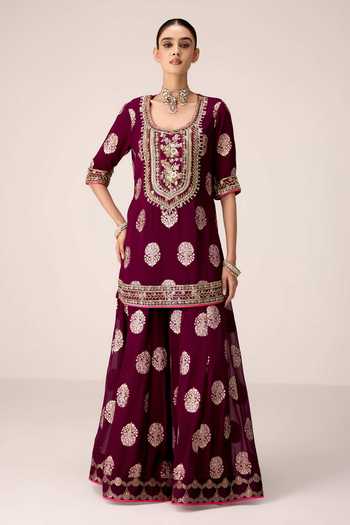 Shop Shyam Narayan Prasad Wine Organza, Georgette, Brocade Scoop Zardozi Embroidered Kurta Sharara Set Online at Aza Fashions Shop_Shyam Narayan Prasad_Wine Organza, Georgette, Brocade Scoop Zardozi Embroidered Kurta Sharara Set _Online_at_Aza_Fashions