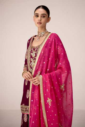 Buy Shyam Narayan Prasad Wine Organza, Georgette, Brocade Scoop Zardozi Embroidered Kurta Sharara Set Buy_Shyam Narayan Prasad_Wine Organza, Georgette, Brocade Scoop Zardozi Embroidered Kurta Sharara Set