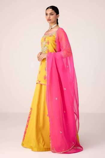 Shyam Narayan Prasad Yellow Organza, Satin, Modal Scoop Neck Zardozi And Printed Kurta Skirt Set Online at Aza Fashions Shyam Narayan Prasad_Yellow Organza, Satin, Modal Scoop Neck Zardozi And Printed Kurta Skirt Set _Online_at_Aza_Fashions