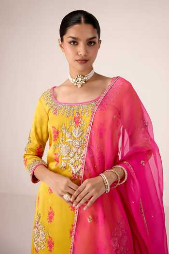 Shop Shyam Narayan Prasad Yellow Organza, Satin, Modal Scoop Neck Zardozi And Printed Kurta Skirt Set Online at Aza Fashions Shop_Shyam Narayan Prasad_Yellow Organza, Satin, Modal Scoop Neck Zardozi And Printed Kurta Skirt Set _Online_at_Aza_Fashions