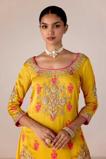 Buy Shyam Narayan Prasad Yellow Organza, Satin, Modal Scoop Neck Zardozi And Printed Kurta Skirt Set Buy_Shyam Narayan Prasad_Yellow Organza, Satin, Modal Scoop Neck Zardozi And Printed Kurta Skirt Set