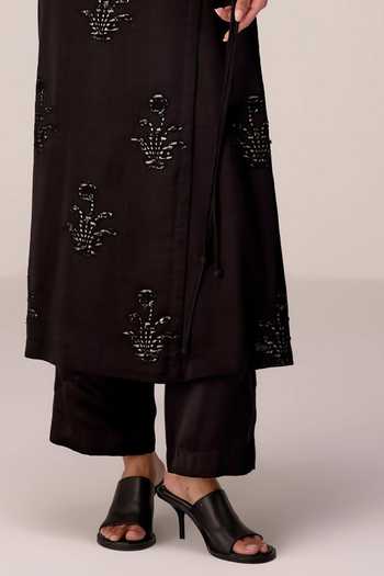 Shop_Shyam Narayan Prasad_Black Satin, Linen V-neck Applique Kurta And Pant Set _Online_at_Aza_Fashions