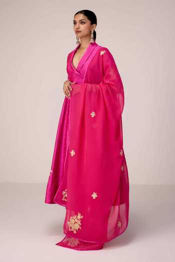 Shyam Narayan Prasad Pink Silk, Organza, Brocade V-neck, Yes Applique Embroidered Angrakha Pant Set Online at Aza Fashions Shyam Narayan Prasad_Pink Silk, Organza, Brocade V-neck, Yes Applique Embroidered Angrakha Pant Set _Online_at_Aza_Fashions