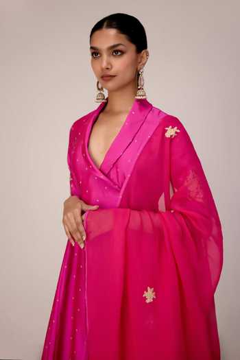 Buy Shyam Narayan Prasad Pink Silk, Organza, Brocade V-neck, Yes Applique Embroidered Angrakha Pant Set Online at Aza Fashions Buy_Shyam Narayan Prasad_Pink Silk, Organza, Brocade V-neck, Yes Applique Embroidered Angrakha Pant Set _Online_at_Aza_Fashions