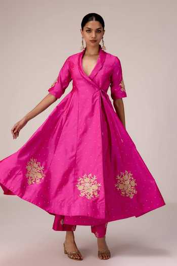 Shop Shyam Narayan Prasad Pink Silk, Organza, Brocade V-neck, Yes Applique Embroidered Angrakha Pant Set Online at Aza Fashions Shop_Shyam Narayan Prasad_Pink Silk, Organza, Brocade V-neck, Yes Applique Embroidered Angrakha Pant Set _Online_at_Aza_Fashions