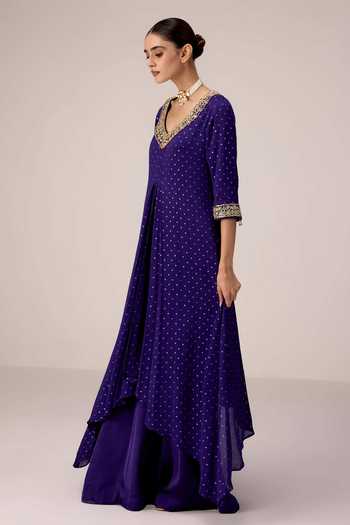 Shyam Narayan Prasad_Purple Chinon, Brocade V-neck Zardozi Work Kurta And Pant Set _Online_at_Aza_Fashions