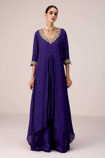 Buy_Shyam Narayan Prasad_Purple Chinon, Brocade V-neck Zardozi Work Kurta And Pant Set _Online_at_Aza_Fashions