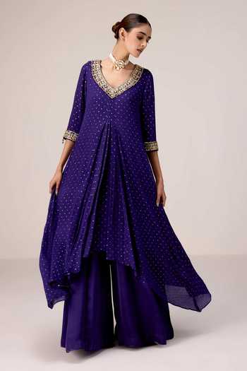 Shop_Shyam Narayan Prasad_Purple Chinon, Brocade V-neck Zardozi Work Kurta And Pant Set _Online_at_Aza_Fashions