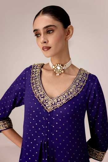 Buy_Shyam Narayan Prasad_Purple Chinon, Brocade V-neck Zardozi Work Kurta And Pant Set 