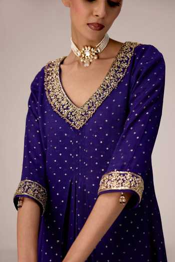 Shop_Shyam Narayan Prasad_Purple Chinon, Brocade V-neck Zardozi Work Kurta And Pant Set 