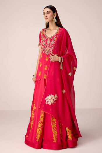 Buy Shyam Narayan Prasad Pink Organza, Satin, Modal Scoop Neck Printed And Embroidered Top Skirt Set Online at Aza Fashions Buy_Shyam Narayan Prasad_Pink Organza, Satin, Modal Scoop Neck Printed And Embroidered Top Skirt Set _Online_at_Aza_Fashions