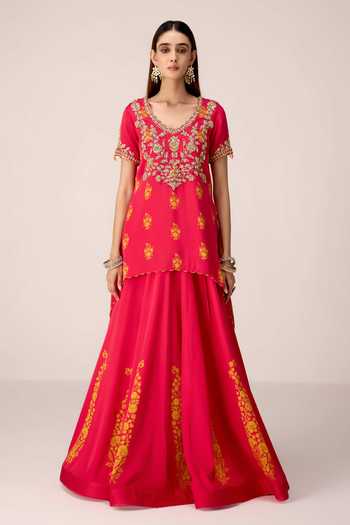 Shop Shyam Narayan Prasad Pink Organza, Satin, Modal Scoop Neck Printed And Embroidered Top Skirt Set Online at Aza Fashions Shop_Shyam Narayan Prasad_Pink Organza, Satin, Modal Scoop Neck Printed And Embroidered Top Skirt Set _Online_at_Aza_Fashions