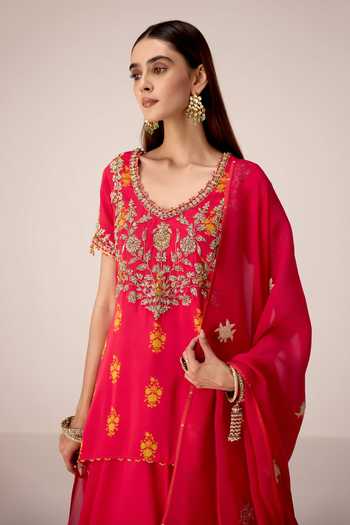 Buy Shyam Narayan Prasad Pink Organza, Satin, Modal Scoop Neck Printed And Embroidered Top Skirt Set Buy_Shyam Narayan Prasad_Pink Organza, Satin, Modal Scoop Neck Printed And Embroidered Top Skirt Set
