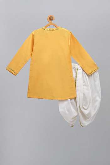 The Little Tales_Yellow Silk, Cotton Lace Pichwai Embroidered Angarkha Kurta Set _Online_at_Aza_Fashions