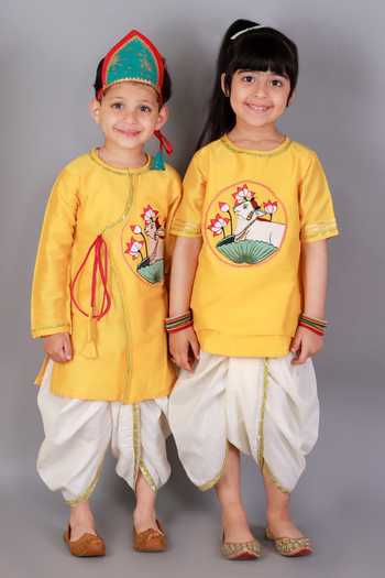 Buy_The Little Tales_Yellow Silk, Cotton Lace Pichwai Embroidered Angarkha Kurta Set _Online_at_Aza_Fashions