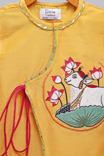The Little Tales_Yellow Silk, Cotton Lace Pichwai Embroidered Angarkha Kurta Set _at_Aza_Fashions