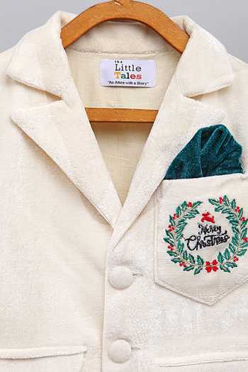 The Little Tales Off White Velvet Merry Christmas Embroidered Blazer Online at Aza Fashions The Little Tales_Off White Velvet Merry Christmas Embroidered Blazer _Online_at_Aza_Fashions