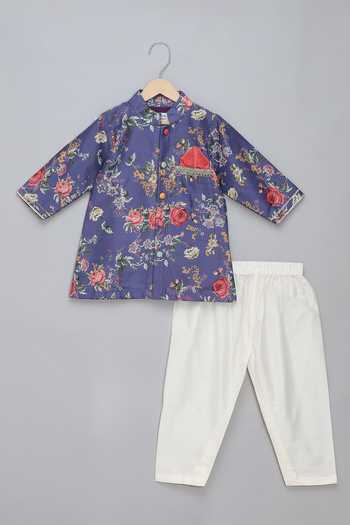 The Little Tales Purple Silk, Cotton Floral Print Sherwani And Pyjama Set Online at Aza Fashions The Little Tales_Purple Silk, Cotton Floral Print Sherwani And Pyjama Set _Online_at_Aza_Fashions