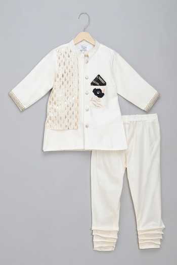 Buy The Little Tales Off White Silk, Cotton Embroidered Sherwani With Churidar Buy_The Little Tales_Off White Silk, Cotton Embroidered Sherwani With Churidar