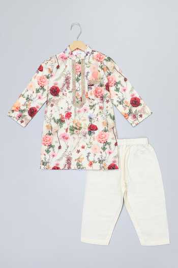 Shop_The Little Tales_Multi Color Silk, Cotton Floral Print Kurta And Pyjama Set _Online_at_Aza_Fashions